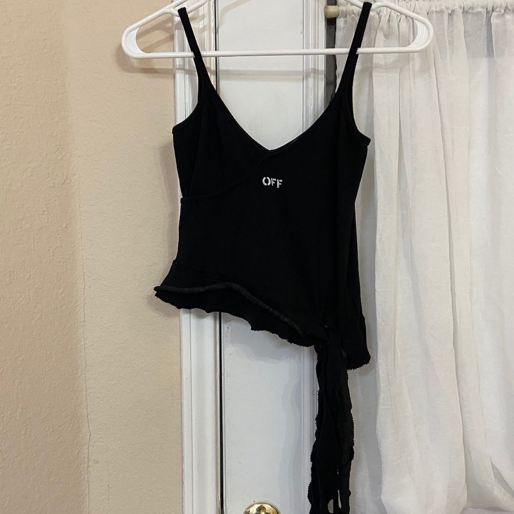 OFF-WHITE Black Spaghetti Strap Cropped Top Cotton Elastane Frayed Hem and Tie